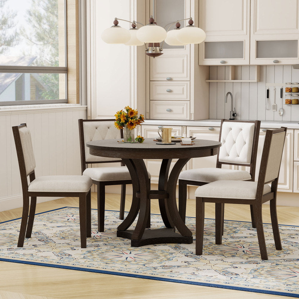 TREXM 5-Piece Retro Functional Dining Table Set Extendable Round Table and 4 Upholstered Chairs for Dining Room and Living Room (Espresso)
