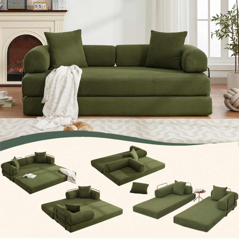 [NEW ARRIVED] [VIDEO PROVIDED] 78.5" Folding Convertible Out Sleeper Sofa Bed,5-in-1 DIY Combination Convertible  Sofa, 3 seat, Folding Sleeper Sofa, King Size , Bedroom,Apartment,Corduroy,Ancora Red