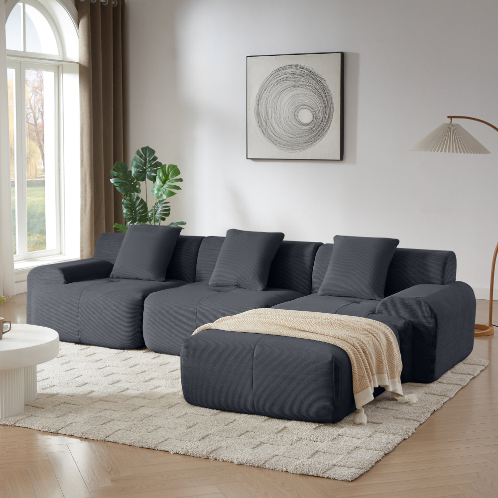 113" Modern L-Shaped Modular Sectional Sofa for Living Room, Corduroy Upholstery dark gray, Oversized 3-Seater Couch with Deep Seat and Movable Ottoman – No Assembly