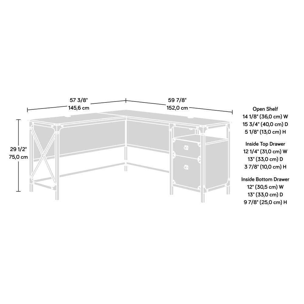Sauder Steel River Rustic Industrial Style L-Shaped Corner Desk with Drawers and Storage Shelf, Coated Metal and Milled Mesquite finish