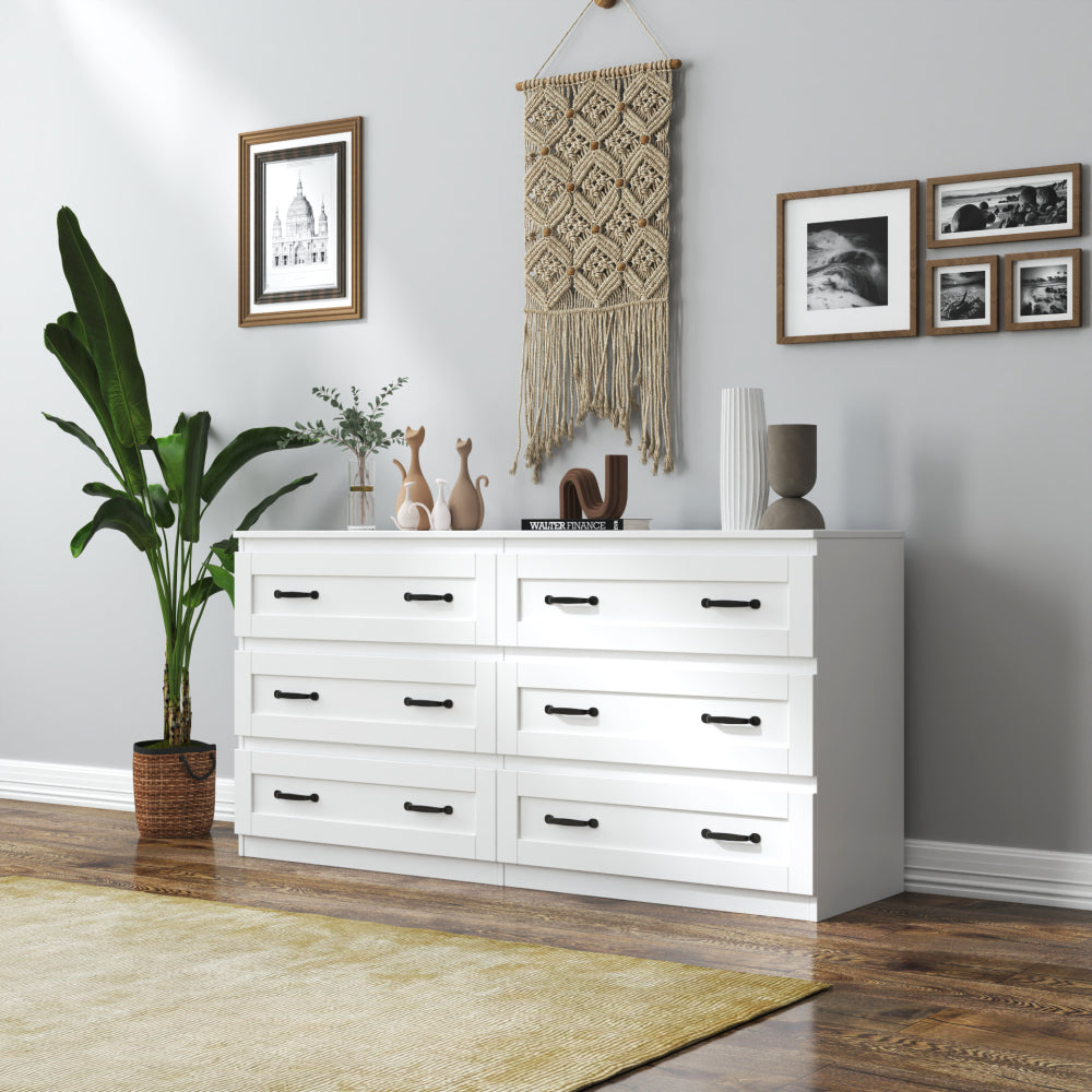 Modern white side cabinet with 6 drawers ,  Wood Chest of Drawers with Metal Handle,  Storage Organizer for Living Room , Bedroom or Hallway,  White