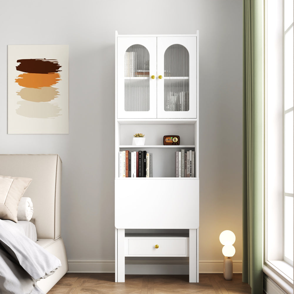 Computer Desk with glass door for Home Office or Study desk,  Bookshelf & Hutch, Computer Desk with 90 Degree Rotating Desktop,Large Working Space