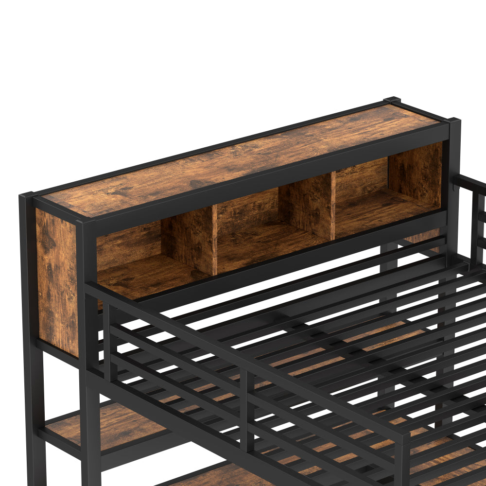 Metal Loft Bed with Wardrobe And L-shaped Desk, Queen Size Loft Bed with Storage Cubes and Shelves, Heavy Duty Loft Bed for Kids Teens Adults, Black Woodgrain