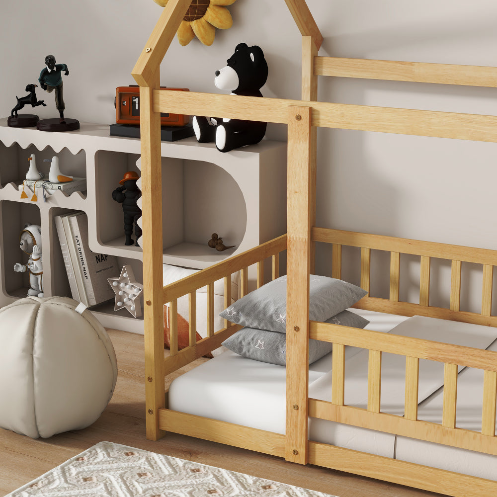 Twin Size House Floor Wooden Bed with Roof Frame,Safety Guardrails,Natural (Old Sku W504P286404)