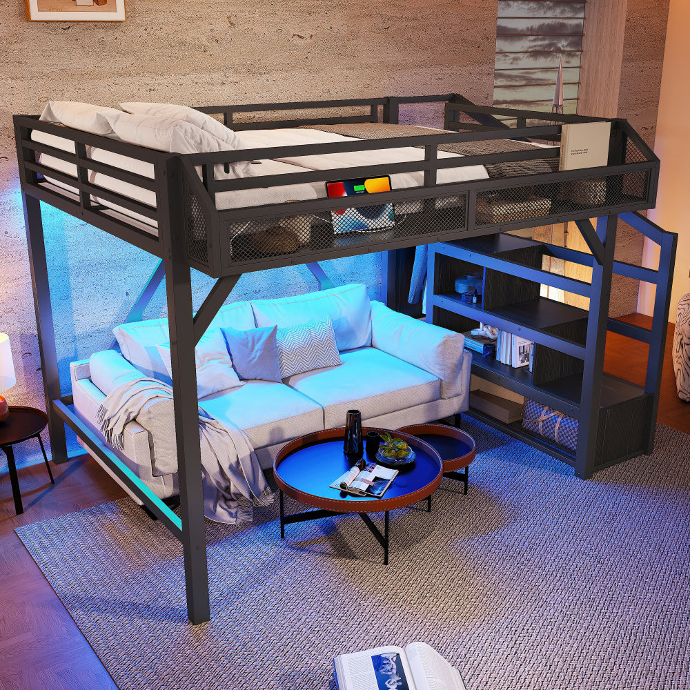 Full Loft Bed with Storage Stairs, Shelves and Built-in Wardrobe, Metal Loft Bed Frame with USB Ports and LED Lights, Noise-reduced Design, Black Woodgrain