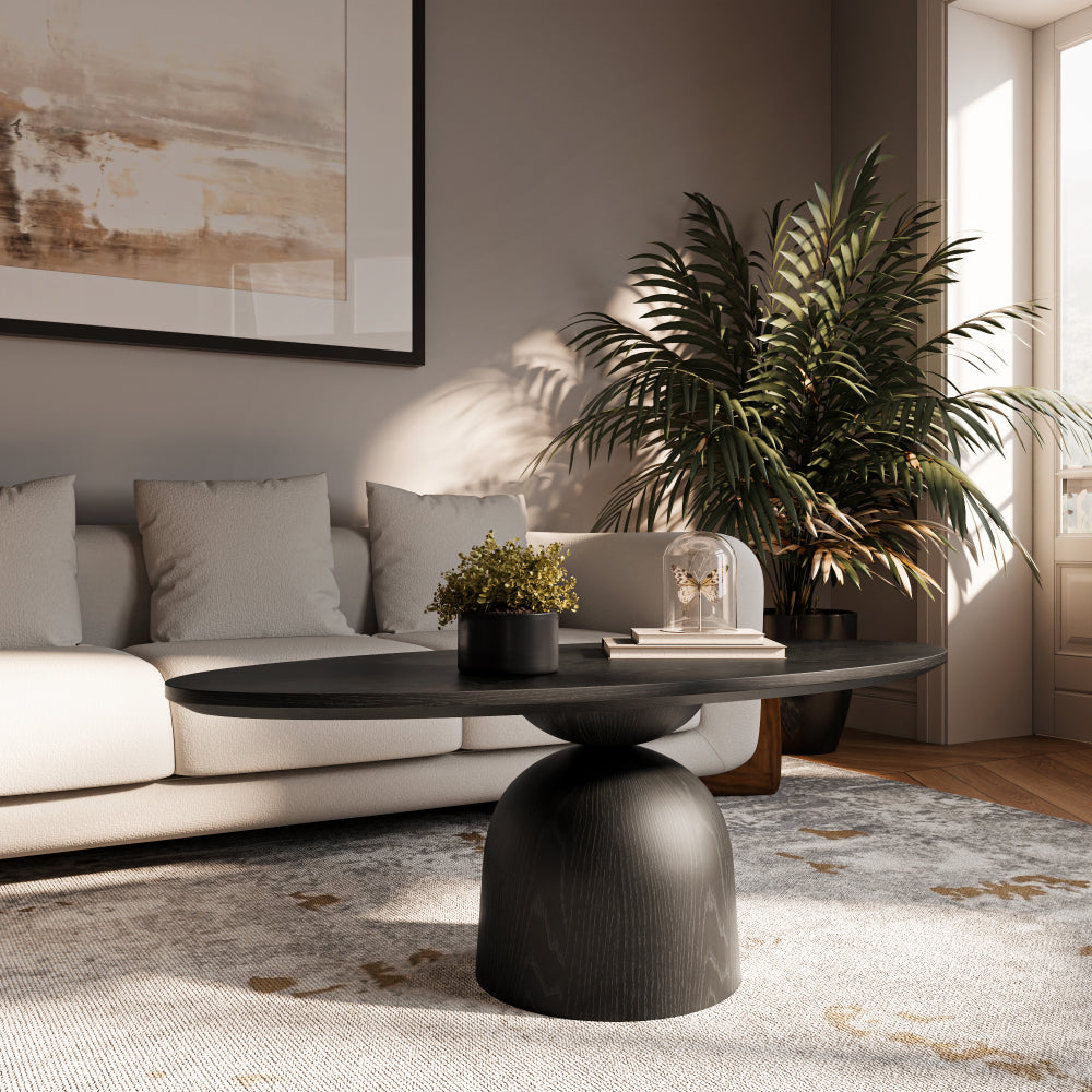 Modern Center Solid Wood Coffee Table Black Long Side Table 43" with Small Pedestal For Living Room & Any Small Space, Cafe Bedroom Office