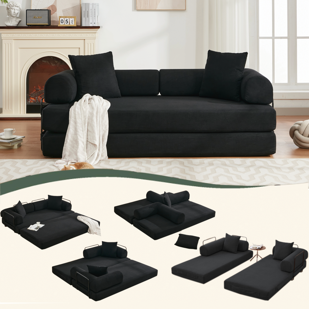 [NEW ARRIVED] [VIDEO PROVIDED] 78.5" Folding Convertible Out Sleeper Sofa Bed,5-in-1 DIY Combination Convertible  Sofa, 3 seat, Folding Sleeper Sofa, King Size , Bedroom,Apartment,Corduroy,Ancora Red