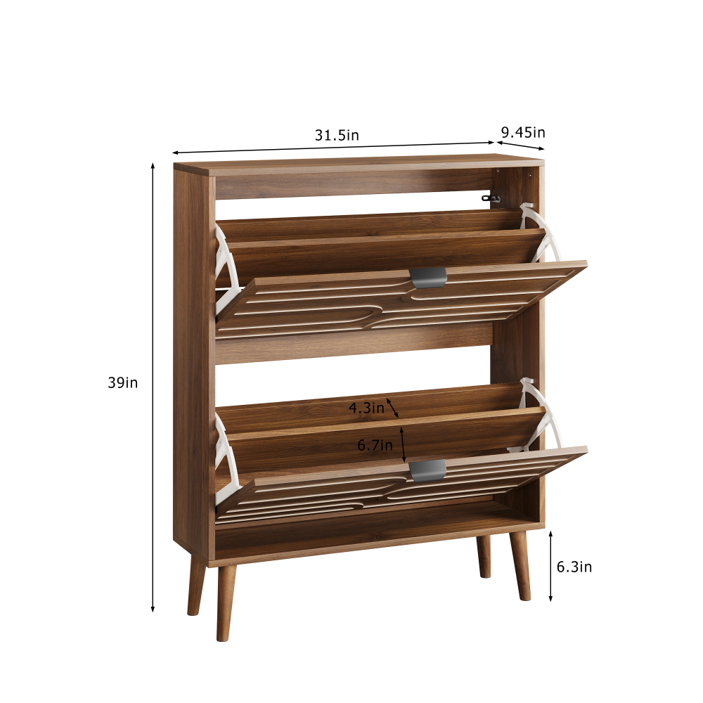 Medieval Modern Independent Shoe Cabinet, 31.5-inch Walnut Shoe Storage Cabinet,, Fence Shoe Cabinet with 2 Flip Drawers, Suitable For Corridors And Entrances