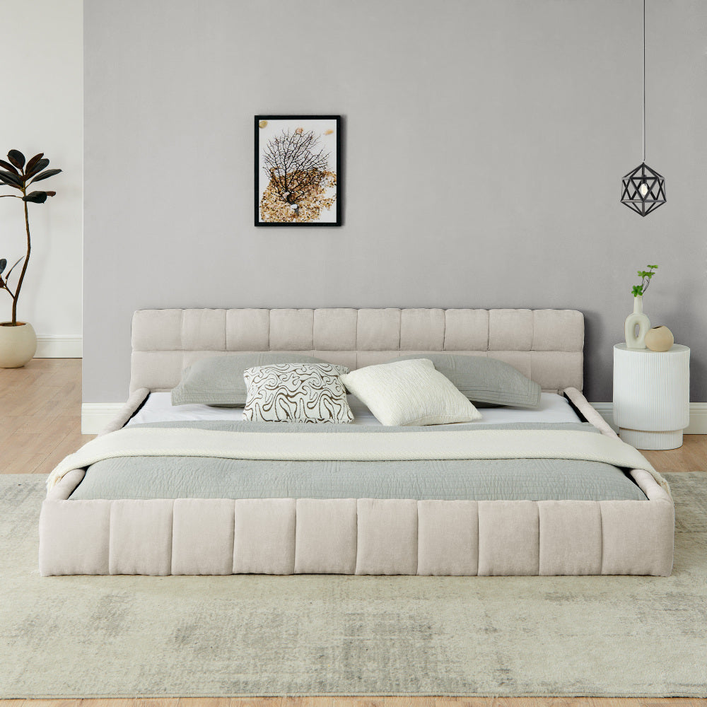 King size  Upholstered Bed Frame with Thick Fabric, Chenille Fabric Grounded Queen Size Platform Bed with Headboard and Solid Frame. No Box Spring Needed-Beige(88.5''*85.5''*24'')