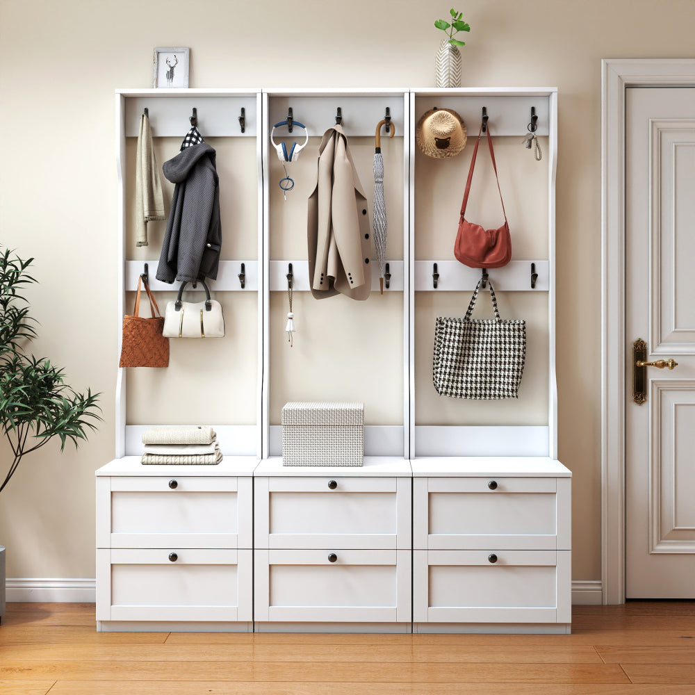 2-in-1 Coat Rack and Nightstand,Wood Bedside/Entryway Storage Organizer with Drawer & Hooks, Freestanding Clothes Hanger for Bedroom,Hallway