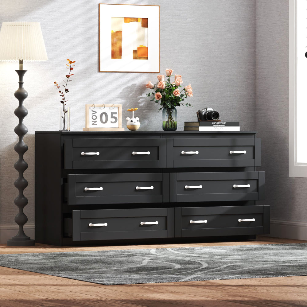 Modern black side cabinet with 6 drawers ,  Wood Chest of Drawers with Metal Handle,  Storage Organizer for Living Room , Bedroom or Hallway, Black