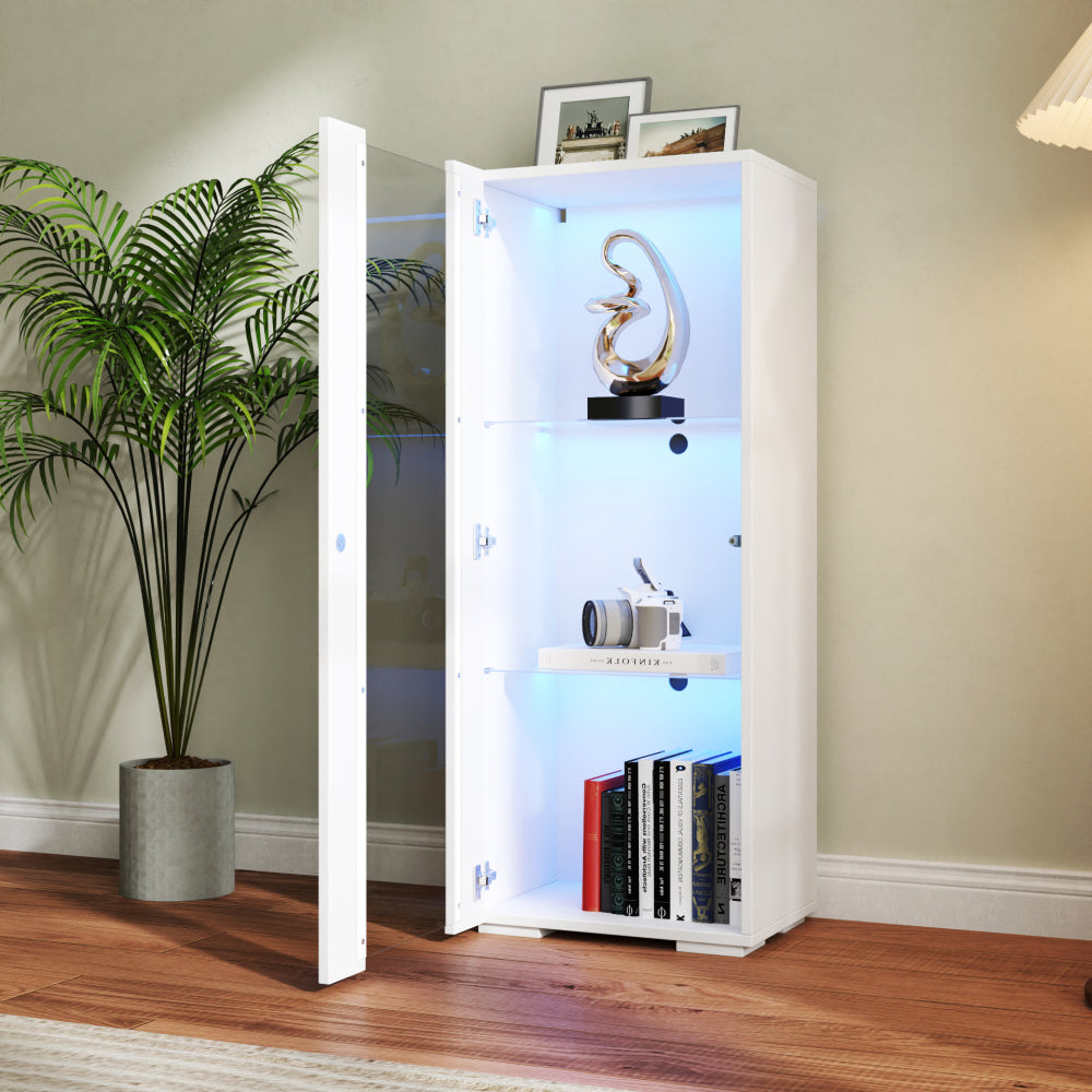 Storage Cabinets with aluminum strip lamp,with Glass Shelves, for Living Room/Bedroom/Office