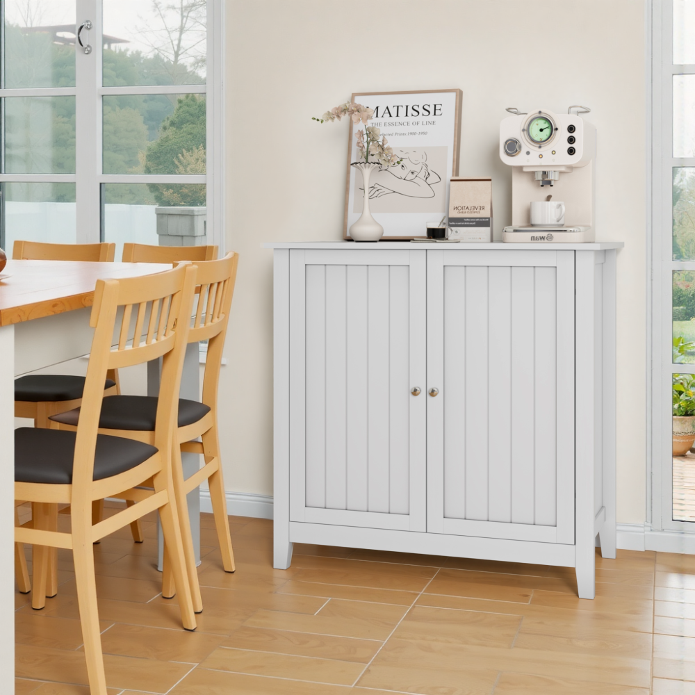 White Double Door Storage Cabinet, Mid-Century Modern Freestanding Buffet Cabinet, Bathroom Storage Cabinet with Silver Knobs for Living Room, Kitchen, Bathroom, Hallway