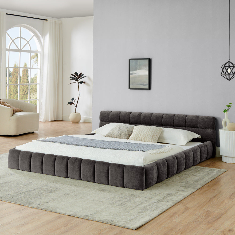 King size  Upholstered Bed Frame with Thick Fabric, Chenille Fabric Grounded Queen Size Platform Bed with Headboard and Solid Frame. No Box Spring Needed-Beige(88.5''*85.5''*24'')