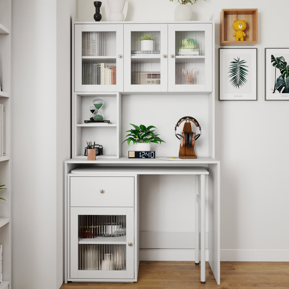 Computer Desk with glass door for Home Office or Study desk,  Bookshelf & Hutch, Computer Desk with 90 Degree Rotating Desktop,Large Working Space