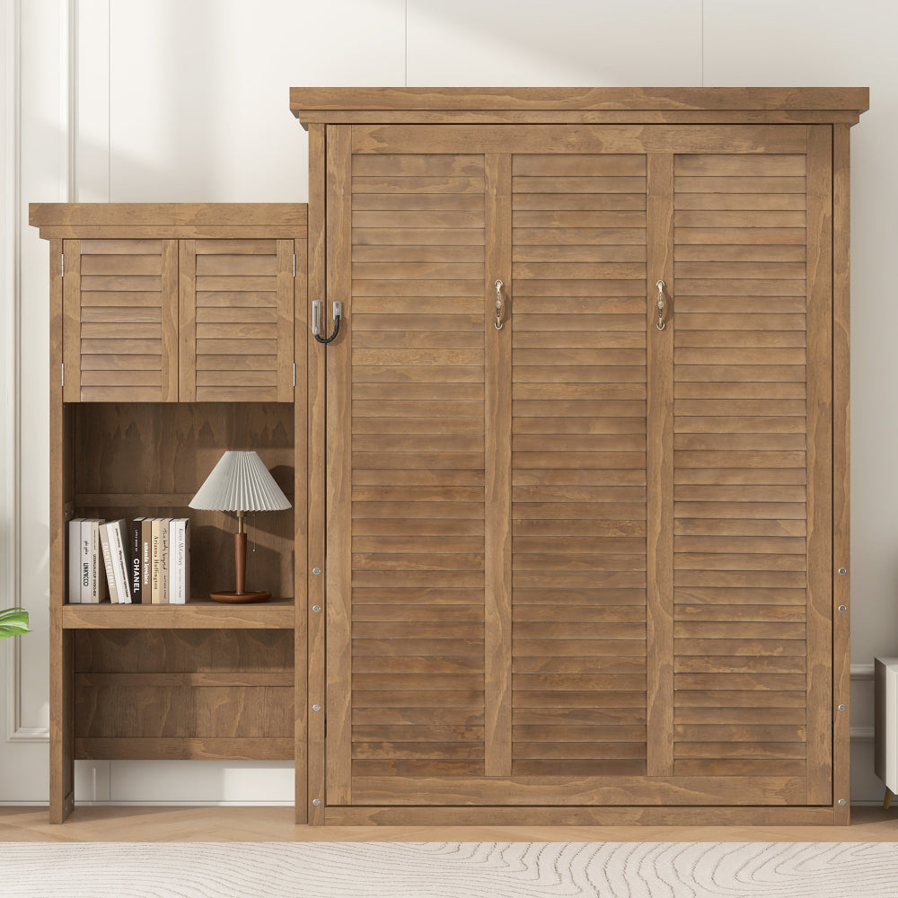 Queen Size Murphy Bed with Multiple Storage Shelves and Louvered Style Decoration, Wood Color