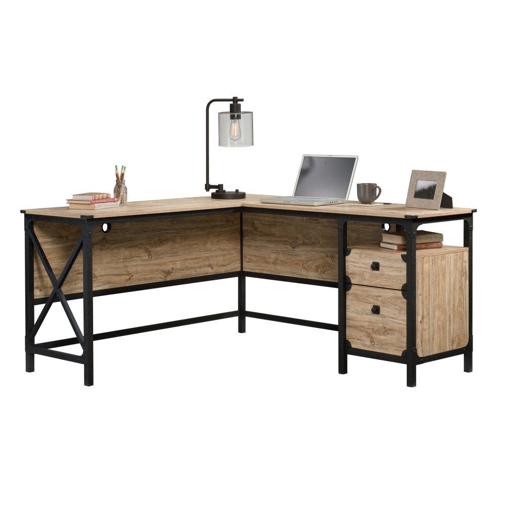 Sauder Steel River Rustic Industrial Style L-Shaped Corner Desk with Drawers and Storage Shelf, Coated Metal and Milled Mesquite finish