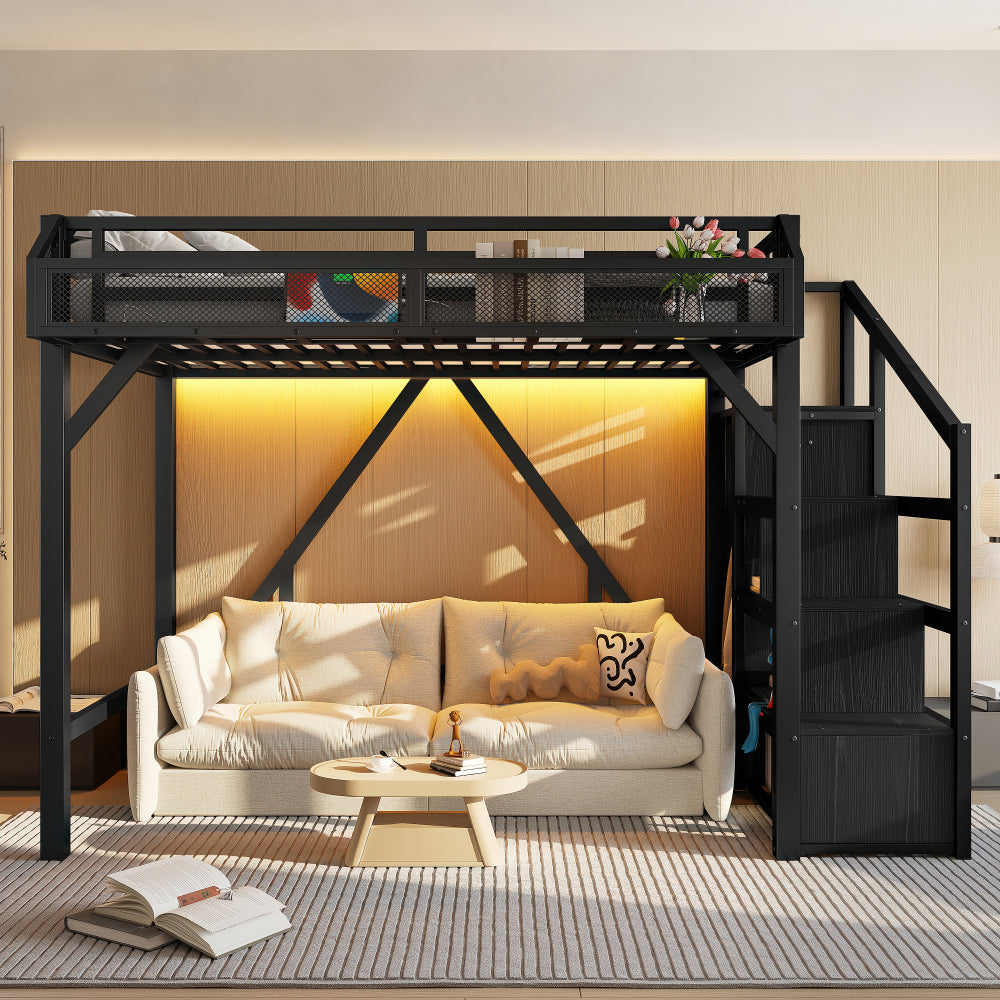 Full Loft Bed with Storage Stairs, Shelves and Built-in Wardrobe, Metal Loft Bed Frame with USB Ports and LED Lights, Noise-reduced Design, Black Woodgrain