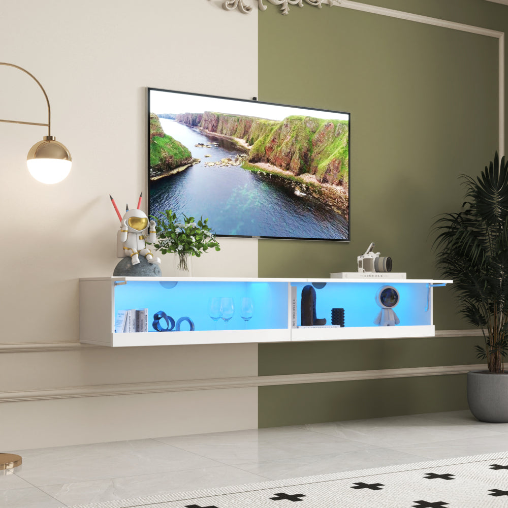 180 Wall Mounted Floating 80" TV Stand with 20 Color LEDs  and  Charging Station