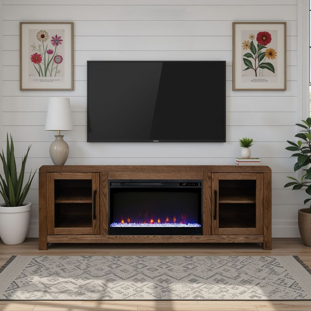 Haven 65 inch Fireplace TV Stand with Glass Doors, for TVs up to 75 inches, Minimal Assembly, Oak Bourbon Finish
