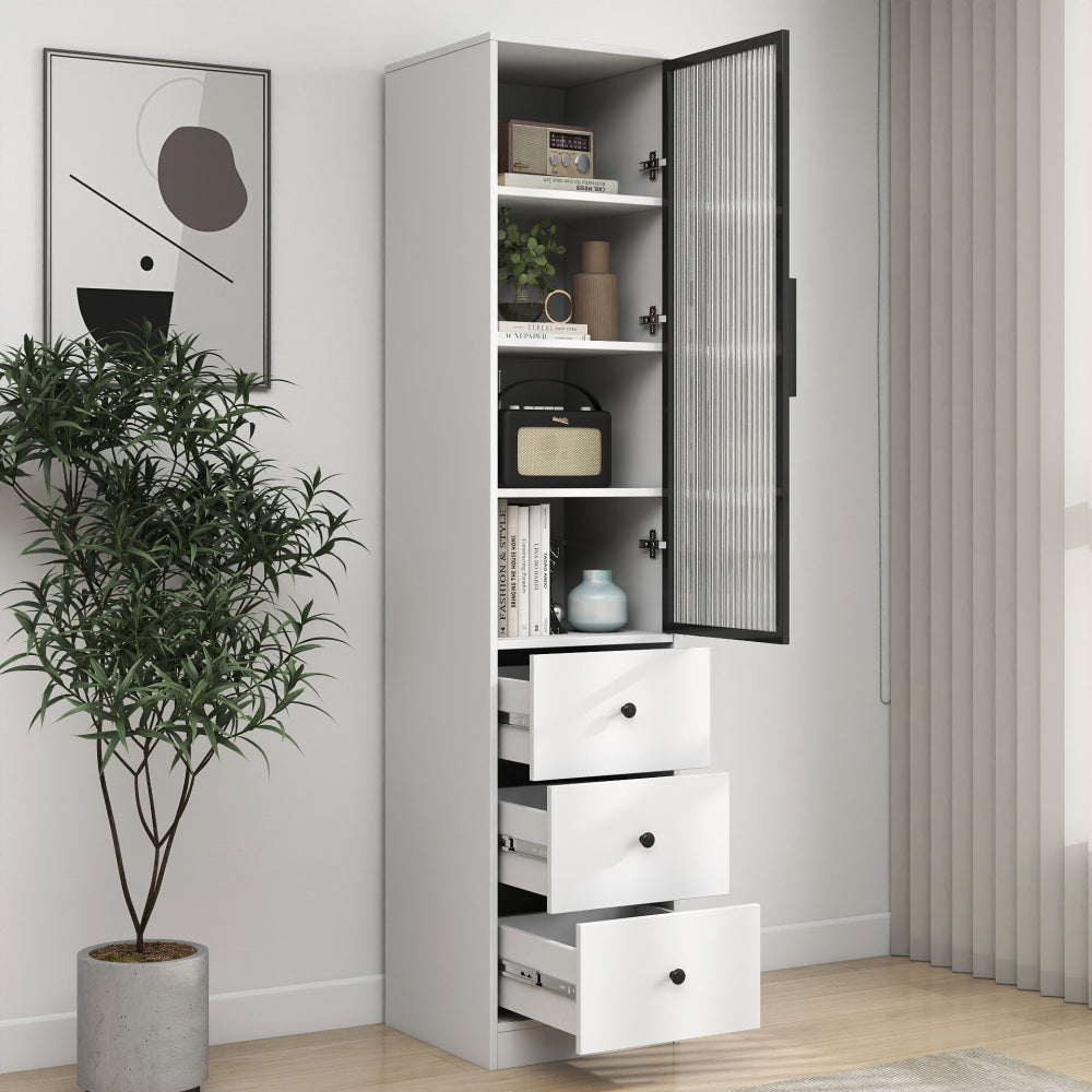 70.87" H Tall Bathroom Storage Cabinet with 1 glass Door and 3 Drawer, Narrow Storage Unit, Floor Cabinet for Bathroom, Living Room, Entryway, Kitchen