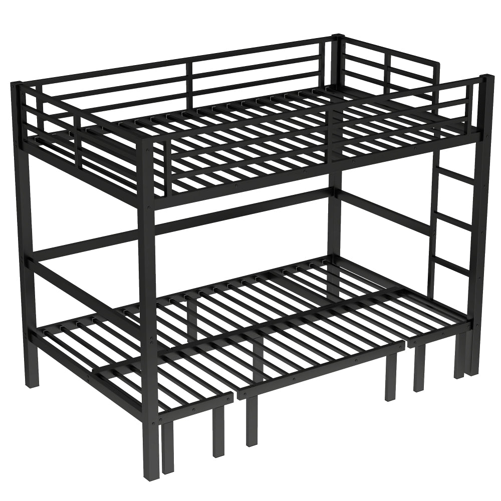 Twin XL over Twin XL size pull-out Metal Bunk Bed, lower bunk can be pulled out in three sections, top bunk equipped with safety rails, black.