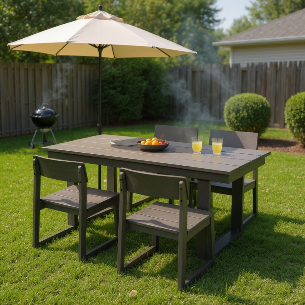 5-Piece All-Weather HDPE Outdoor Patio Dining Set '69' Rectangular Table with Umbrella Hole & 4 Chairs for Patio, Backyard, Garden, Poolside Gray