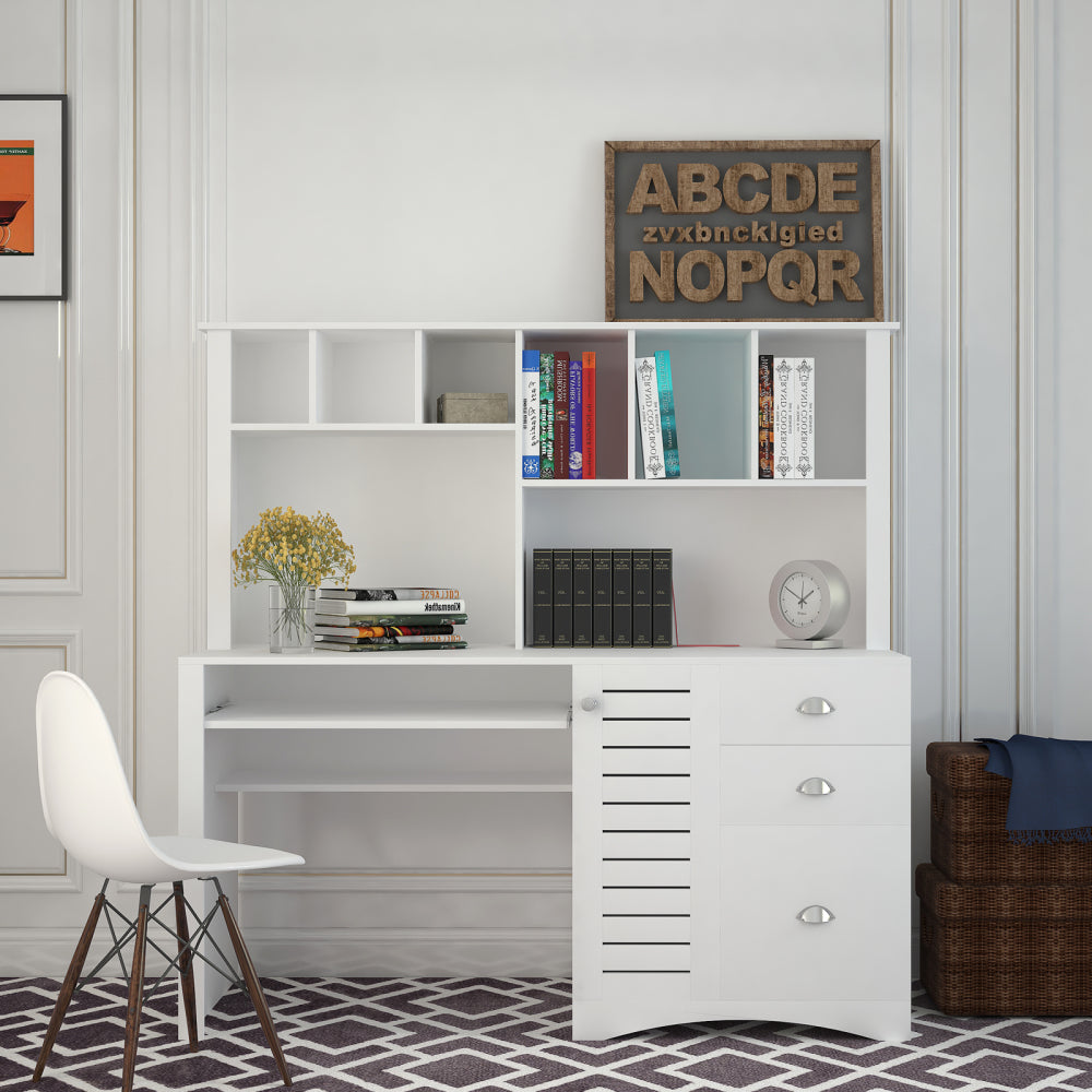 L-Shaped Desk and Vanity Combo with 6 Drawers, Extendable Tabletop, and Large Capacity Storage for Office and Bedroom Makeup