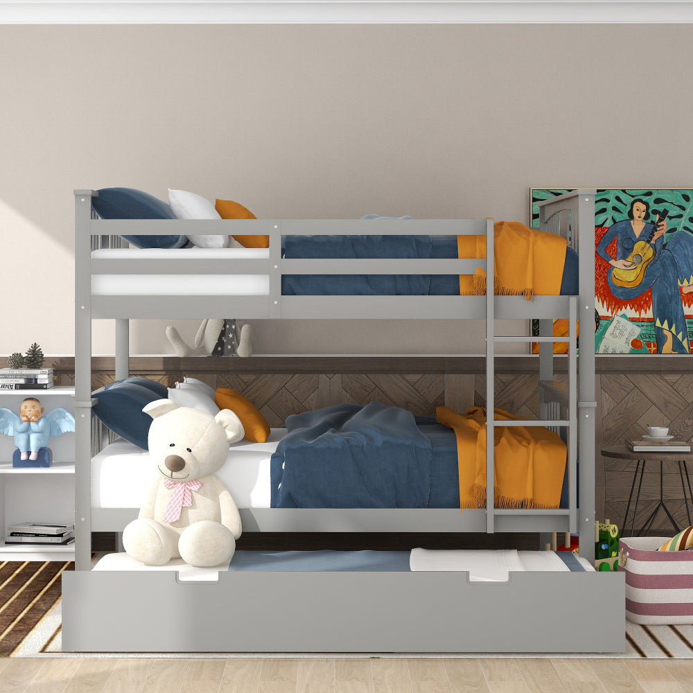 Full over Full Bunk Bed with Twin Size Trundle and Ladder-Gray(Old SKU: LT000204AAE)