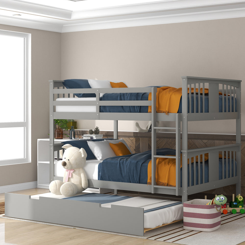 Full over Full Bunk Bed with Twin Size Trundle and Ladder-Gray(Old SKU: LT000204AAE)