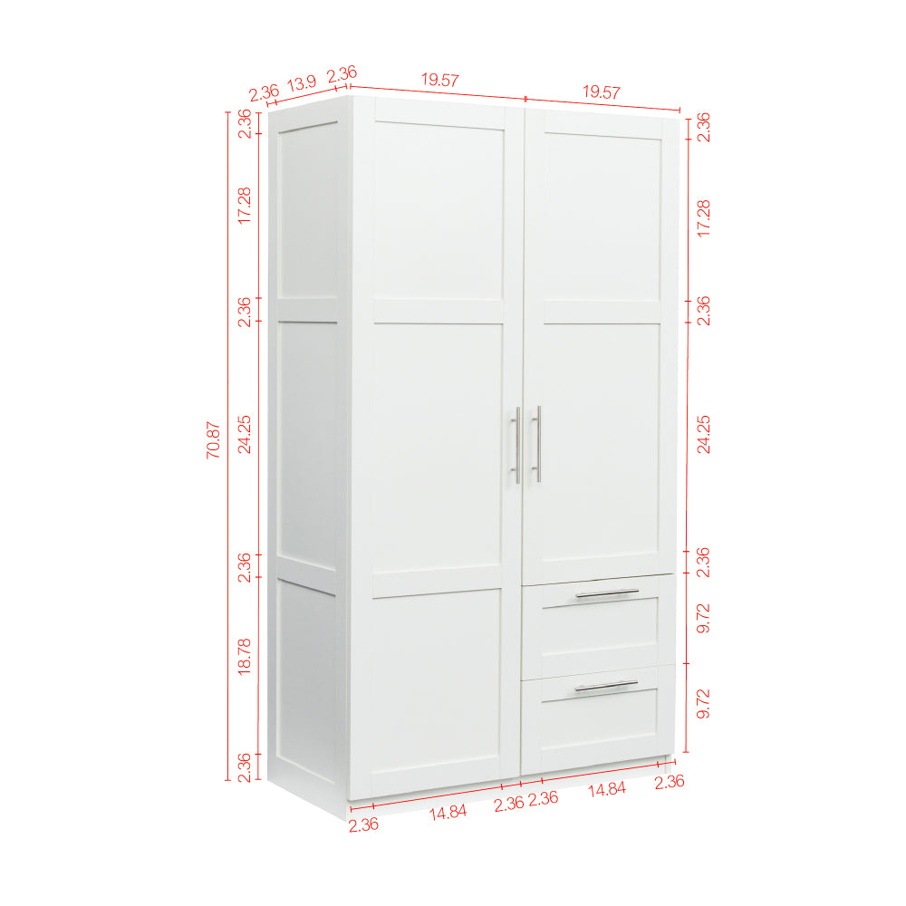 High wardrobe and kitchen cabinet with 2 doors, 2 drawers and 5 storage spaces,white