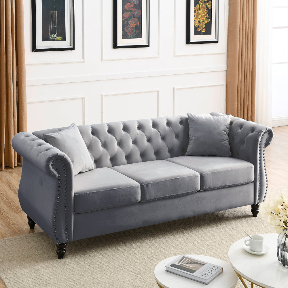 [Video] 80" Chesterfield Sofa Grey Velvet for Living Room, 3 Seater Sofa Tufted Couch with Rolled Arms and Nailhead for Living Room, Bedroom, Office, Apartment, two pillowsW834S00009
