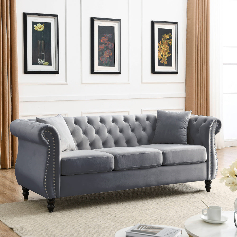 [Video] 80" Chesterfield Sofa Grey Velvet for Living Room, 3 Seater Sofa Tufted Couch with Rolled Arms and Nailhead for Living Room, Bedroom, Office, Apartment, two pillowsW834S00009