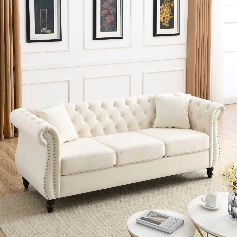 [Video] 80" Chesterfield Sofa Grey Velvet for Living Room, 3 Seater Sofa Tufted Couch with Rolled Arms and Nailhead for Living Room, Bedroom, Office, Apartment, two pillowsW834S00009