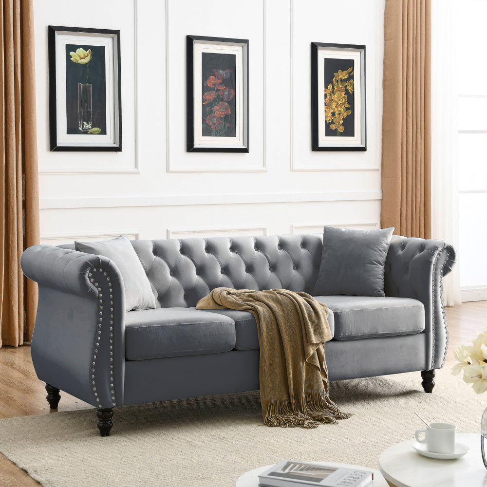 [Video] 80" Chesterfield Sofa Grey Velvet for Living Room, 3 Seater Sofa Tufted Couch with Rolled Arms and Nailhead for Living Room, Bedroom, Office, Apartment, two pillowsW834S00009