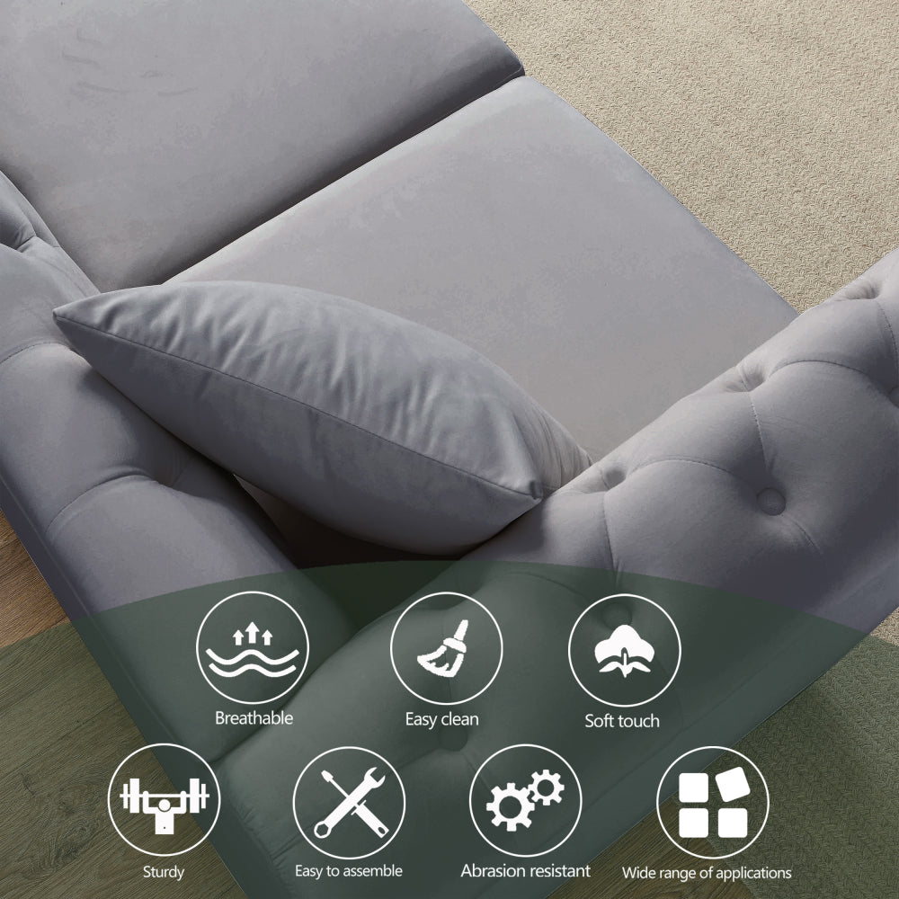 [Video] 80" Chesterfield Sofa Grey Velvet for Living Room, 3 Seater Sofa Tufted Couch with Rolled Arms and Nailhead for Living Room, Bedroom, Office, Apartment, two pillowsW834S00009