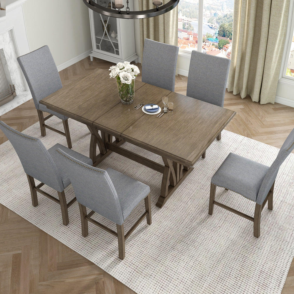 TOPMAX Mid-Century Solid Wood 7-Piece Dining Table Set Extendable Kitchen Table Set with Upholstered Chairs and 12" Leaf for 6, Golden Brown+Gray Cushion(Old SKU: SP000015AAD)