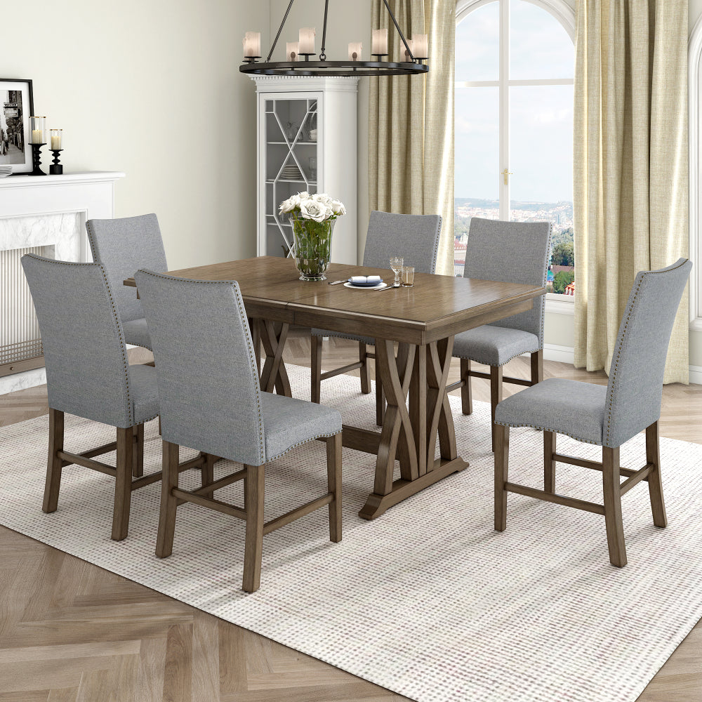 TOPMAX Mid-Century Solid Wood 7-Piece Dining Table Set Extendable Kitchen Table Set with Upholstered Chairs and 12" Leaf for 6, Golden Brown+Gray Cushion(Old SKU: SP000015AAD)