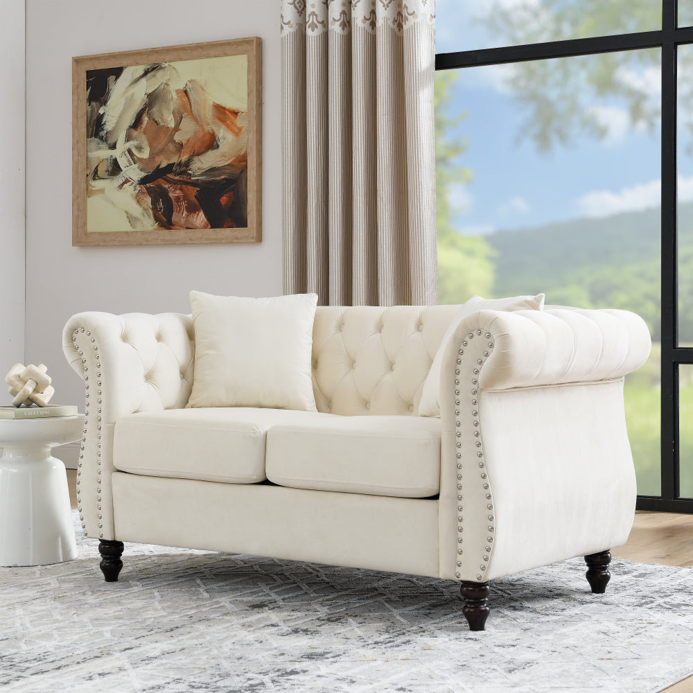 [Video] 80" Chesterfield Sofa Grey Velvet for Living Room, 3 Seater Sofa Tufted Couch with Rolled Arms and Nailhead for Living Room, Bedroom, Office, Apartment, two pillowsW834S00009