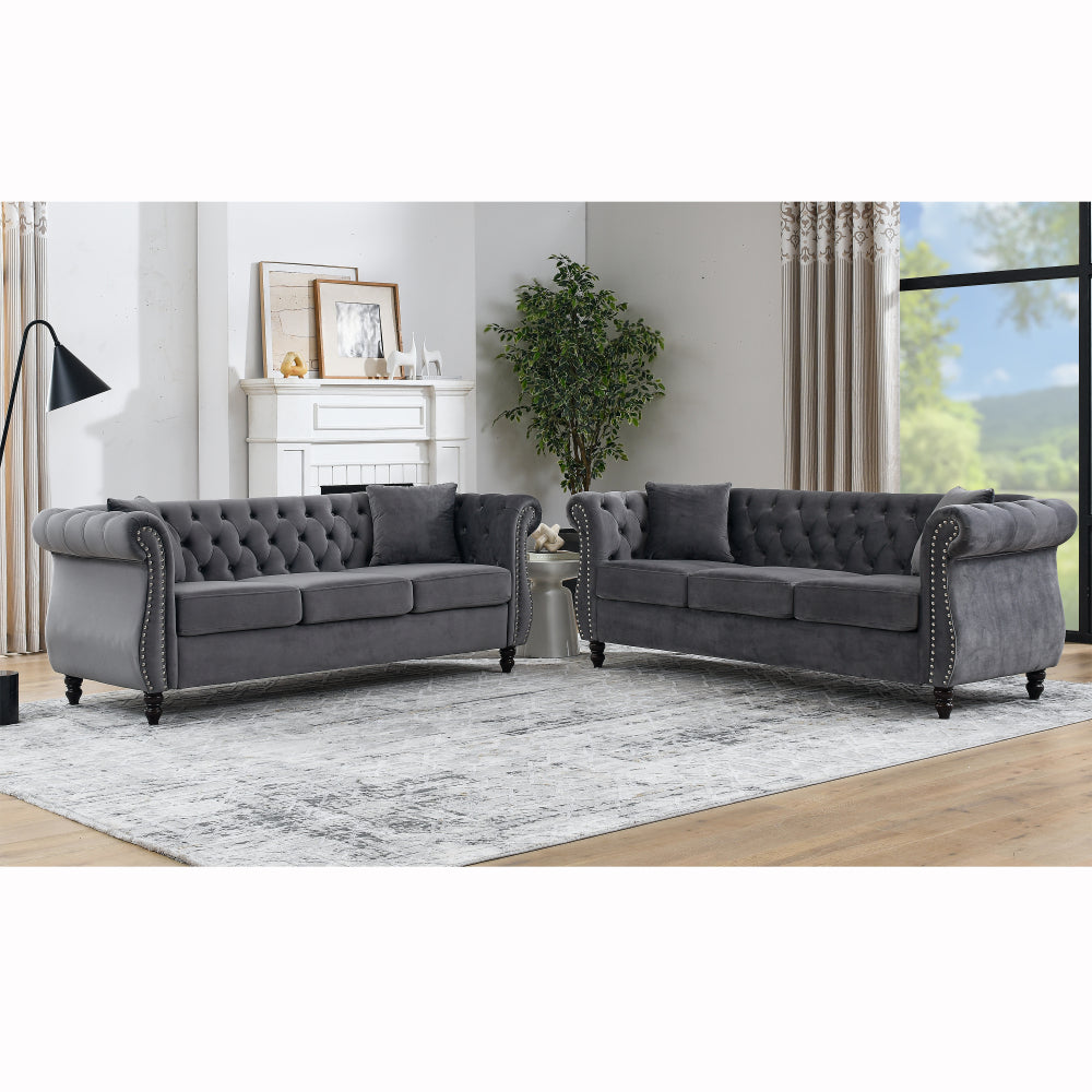 [Video] 80" Chesterfield Sofa Grey Velvet for Living Room, 3 Seater Sofa Tufted Couch with Rolled Arms and Nailhead for Living Room, Bedroom, Office, Apartment, two pillowsW834S00009