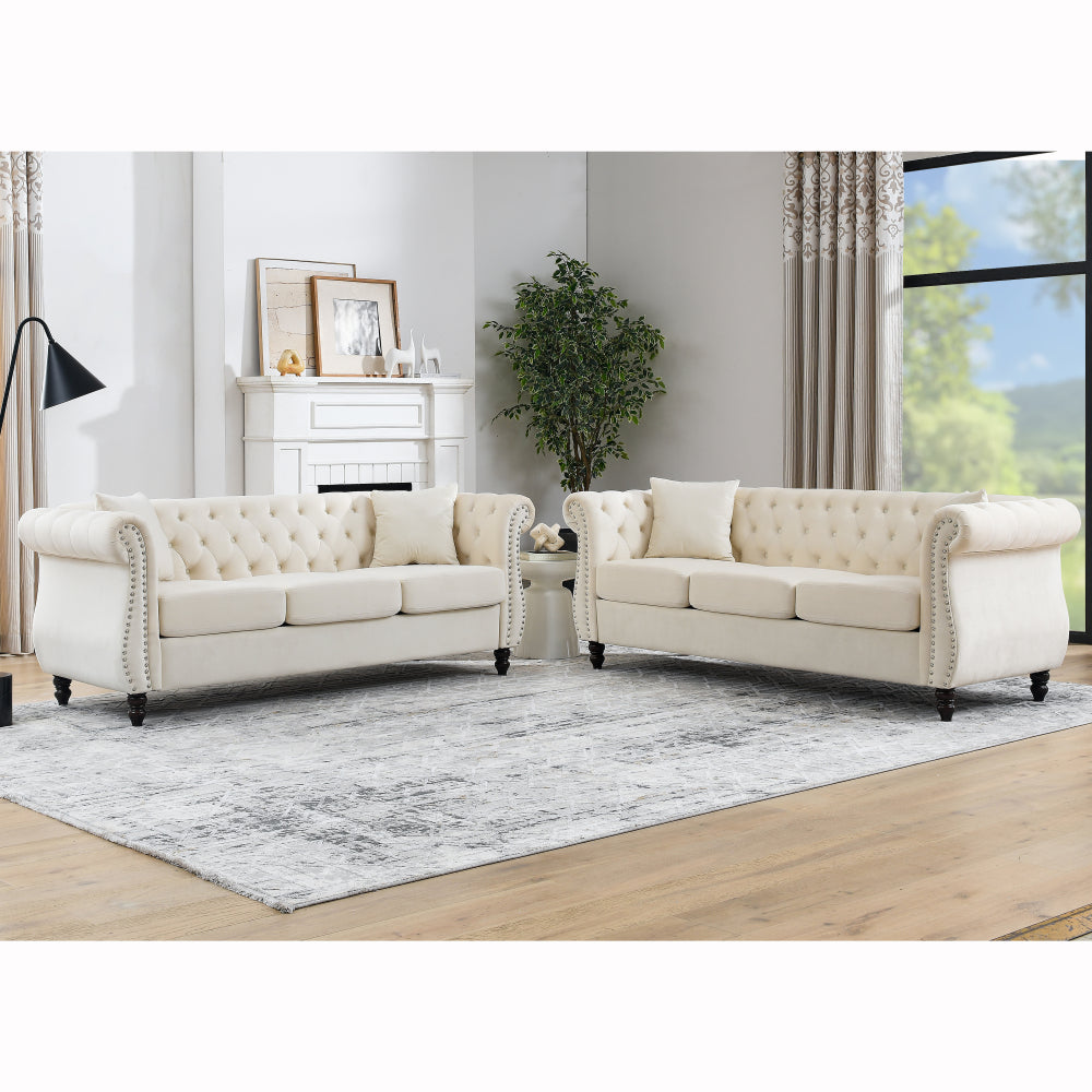 [Video] 80" Chesterfield Sofa Grey Velvet for Living Room, 3 Seater Sofa Tufted Couch with Rolled Arms and Nailhead for Living Room, Bedroom, Office, Apartment, two pillowsW834S00009