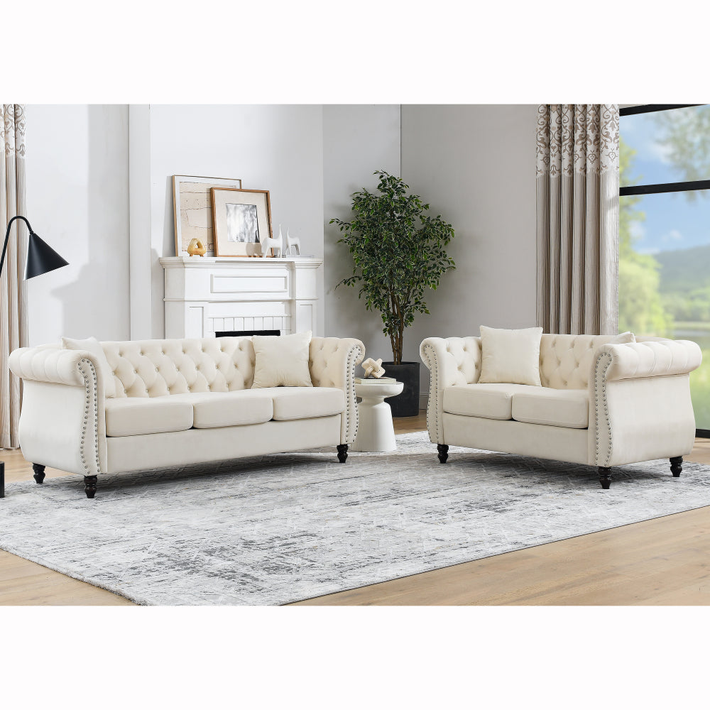 [Video] 80" Chesterfield Sofa Grey Velvet for Living Room, 3 Seater Sofa Tufted Couch with Rolled Arms and Nailhead for Living Room, Bedroom, Office, Apartment, two pillowsW834S00009