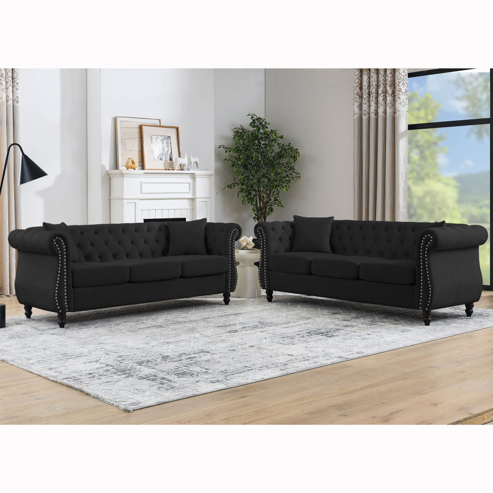 [Video] 80" Chesterfield Sofa Grey Velvet for Living Room, 3 Seater Sofa Tufted Couch with Rolled Arms and Nailhead for Living Room, Bedroom, Office, Apartment, two pillowsW834S00009