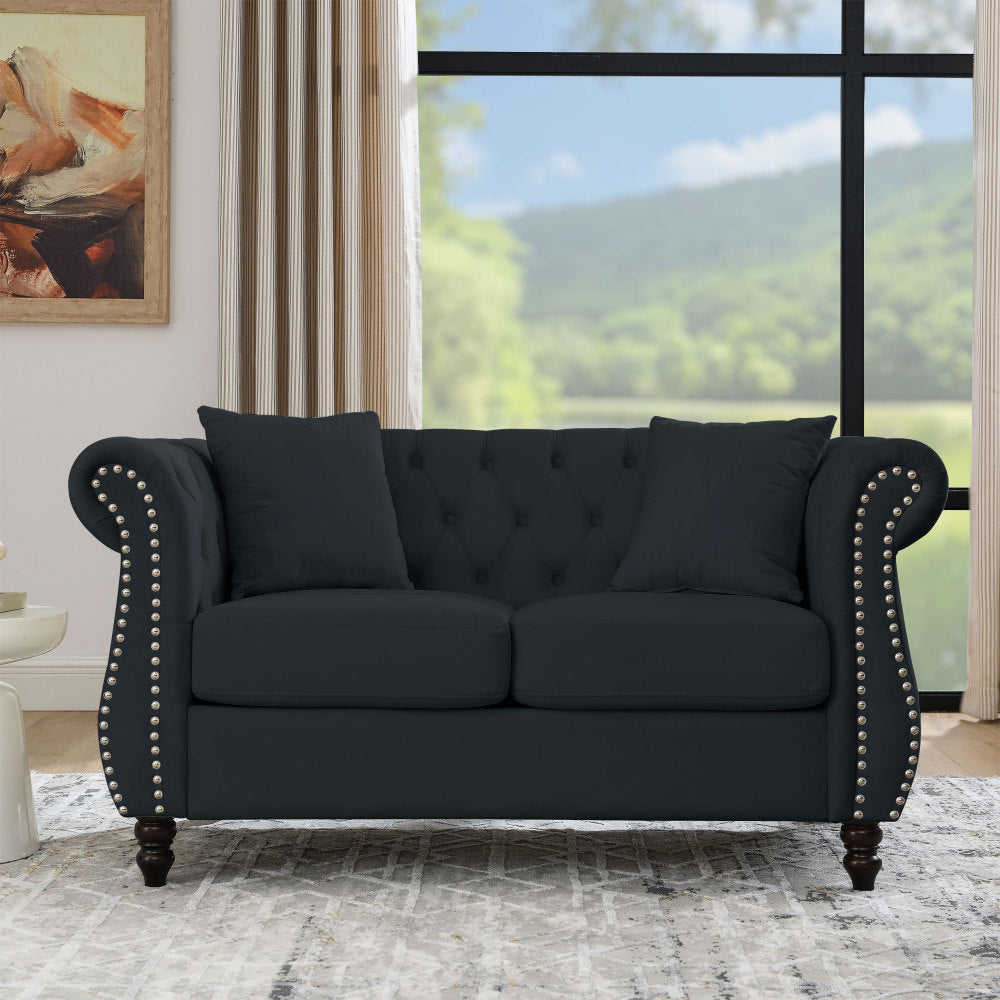[Video] 80" Chesterfield Sofa Grey Velvet for Living Room, 3 Seater Sofa Tufted Couch with Rolled Arms and Nailhead for Living Room, Bedroom, Office, Apartment, two pillowsW834S00009