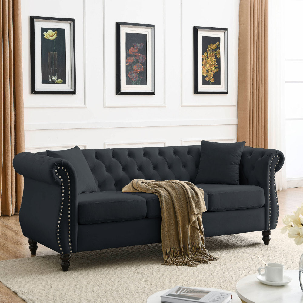 [Video] 80" Chesterfield Sofa Grey Velvet for Living Room, 3 Seater Sofa Tufted Couch with Rolled Arms and Nailhead for Living Room, Bedroom, Office, Apartment, two pillowsW834S00009