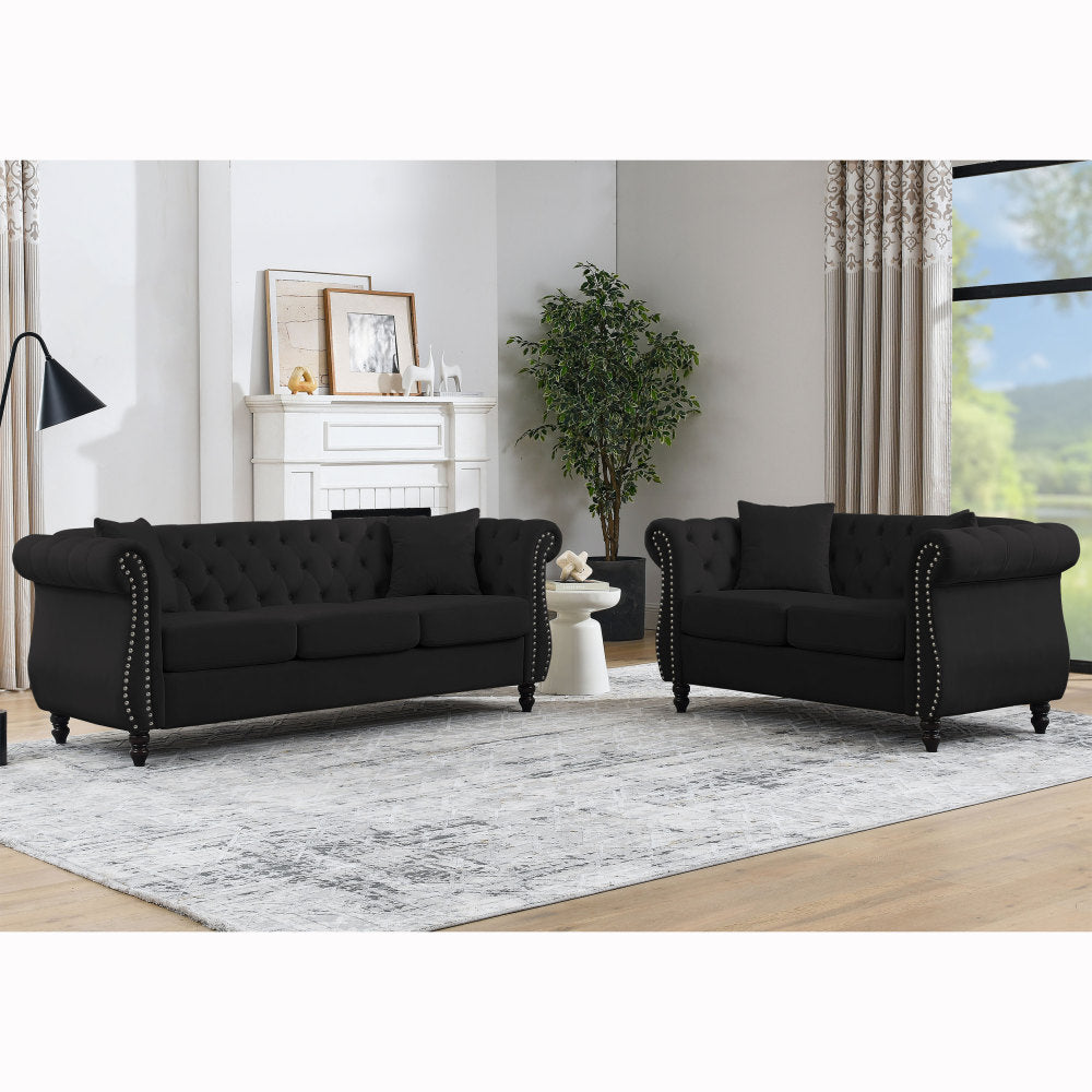 [Video] 80" Chesterfield Sofa Grey Velvet for Living Room, 3 Seater Sofa Tufted Couch with Rolled Arms and Nailhead for Living Room, Bedroom, Office, Apartment, two pillowsW834S00009