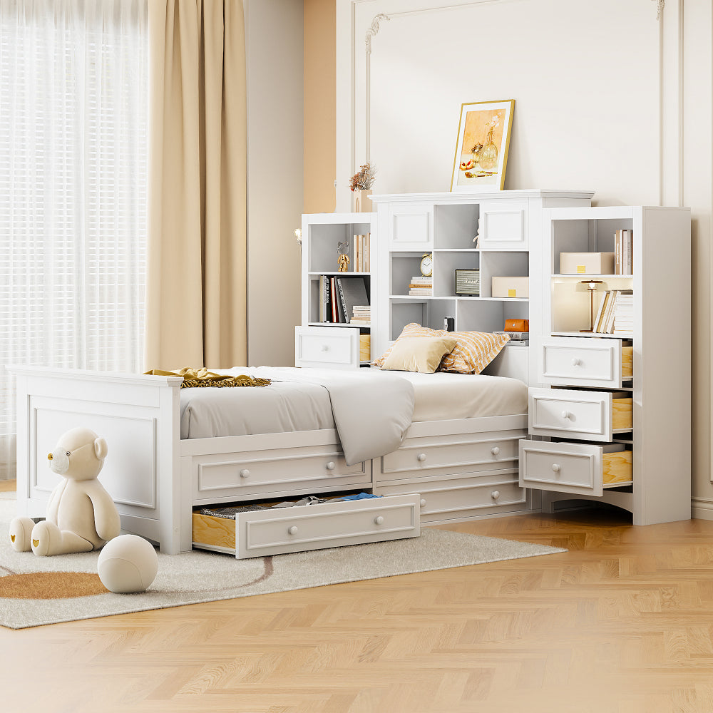 Twin Size Wood Platformbed with Vertical All-in-One Cabinet and 4 Drawers on each side, Gray