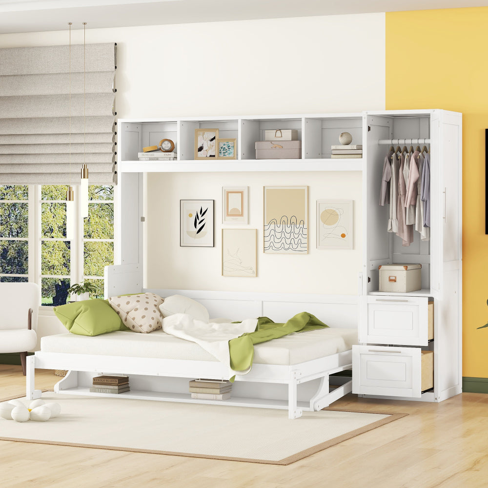 Twin Size Murphy Bed Wall Bed with Closet , Drawers & Desk-White