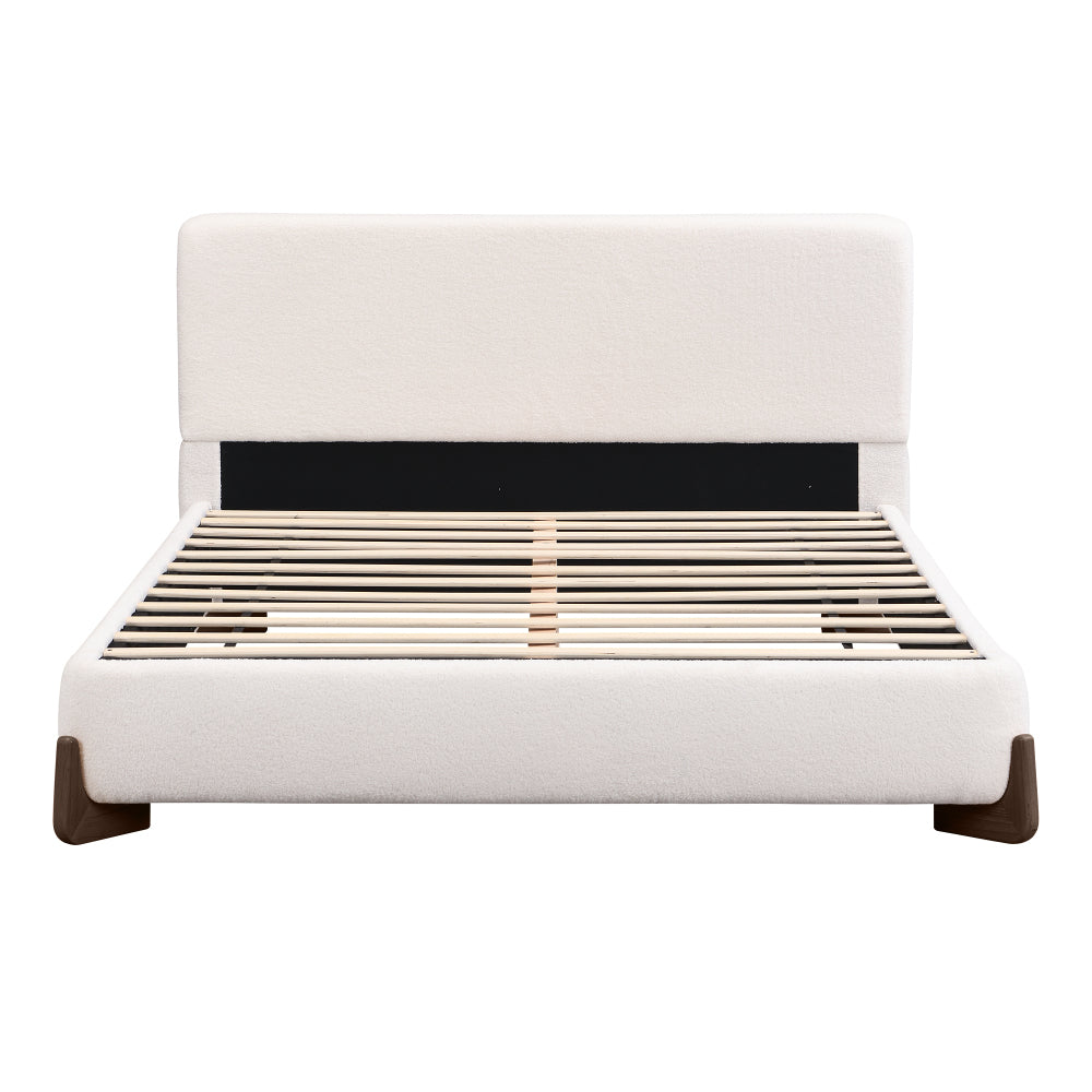 Elegant terry upholstered bed with dark brown solid wood legs, luxurious and comfortable bedroom centerpiece, queen size, white