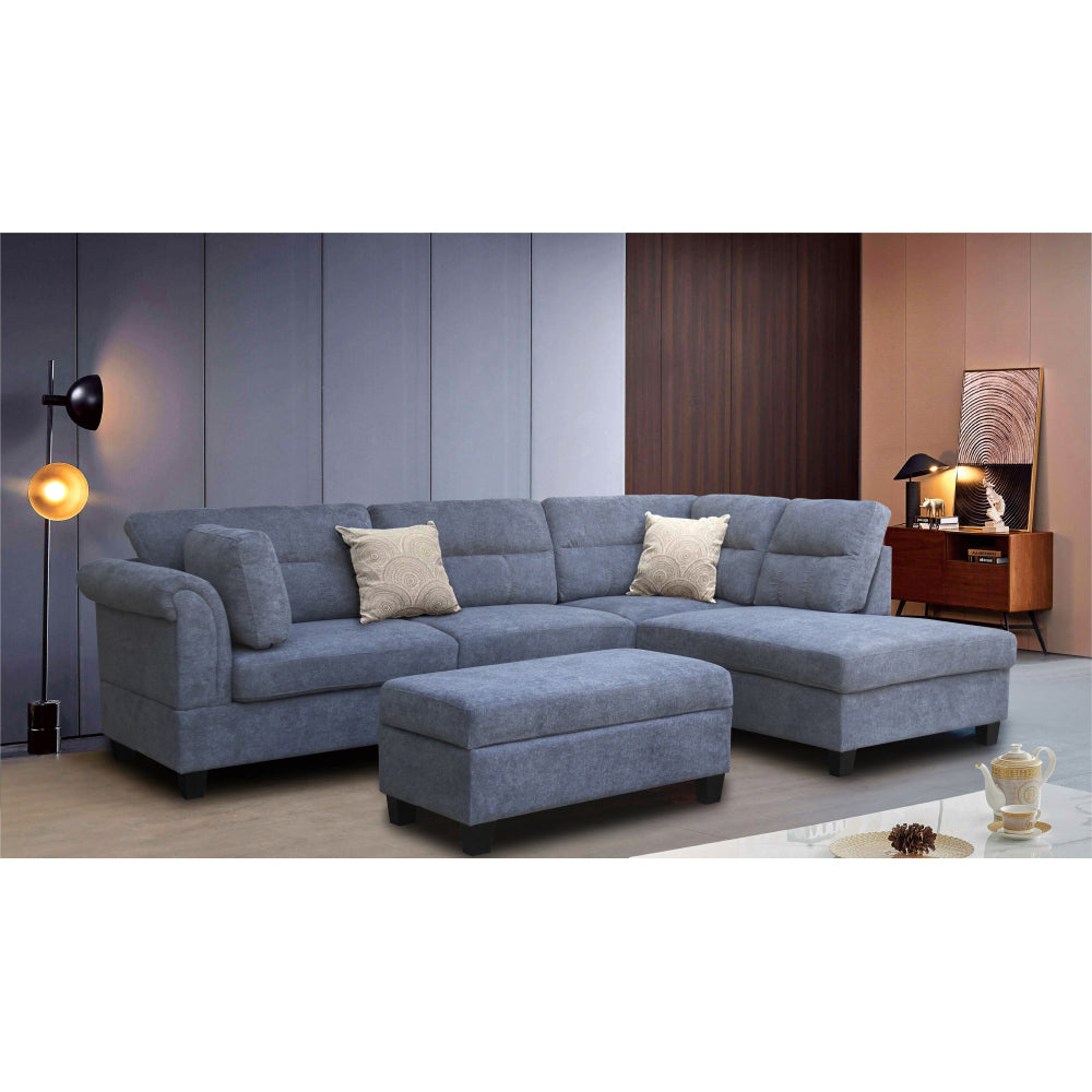 Diego 100"W Gray Fabric Sectional Sofa with Right Facing Chaise, Storage Ottoman, and 2 Accent Pillows